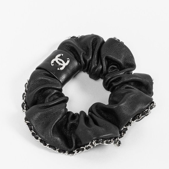 Chanel Black and White Silk CC Logo Scrunchie